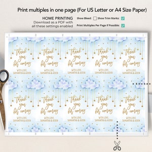 May include: Printable thank you tags with a blue watercolor cloud and gold stars design. The text reads "Thank you for coming" with "With love, Samantha & Aiden" below.