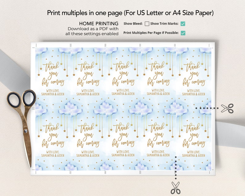 May include: Printable thank you tags with a blue watercolor cloud and gold stars design. The text reads "Thank you for coming" with "With love, Samantha & Aiden" below.