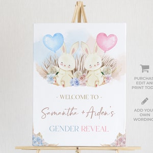 Bunny Gender Reveal Welcome Sign, Boho Rabbit Gender Reveal Party Decor, He Or She, Boy Or Girl Template, Watercolor, Pampas Grass, GR006 image 2