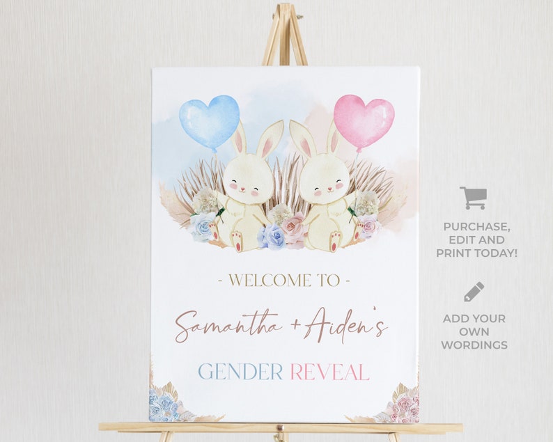 Bunny Gender Reveal Welcome Sign, Boho Rabbit Gender Reveal Party Decor, He Or She, Boy Or Girl Template, Watercolor, Pampas Grass, GR006 image 2