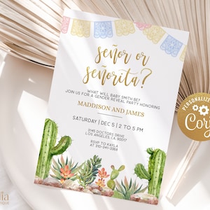 Editable Taco &#39;Bout A Gender Reveal Invitation Template, Señor or Señorita, Boho Cactus Mexican Fiesta, He or She Boy Girl Watercolor, GR001