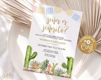 Editable Taco 'Bout A Gender Reveal Invitation Template, Señor or Señorita, Boho Cactus Mexican Fiesta, He or She Boy Girl Watercolor, GR001