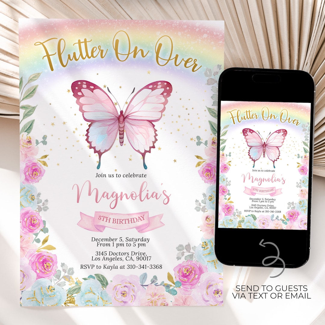 Butterfly Birthday Invitation, EDITABLE Whimsical Floral Butterfly ...
