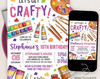 Invitación de cumpleaños con manualidades, plantilla de invitación a fiesta de pintura EDITABLE, fiesta de manualidades y arte con arcoíris para preadolescentes, descarga instantánea para niños, KP403