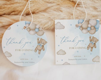 May include: Two thank you tags with a blue and brown teddy bear holding balloons. The text on the tags reads "Thank you for coming" with the names Samantha and Aiden.
