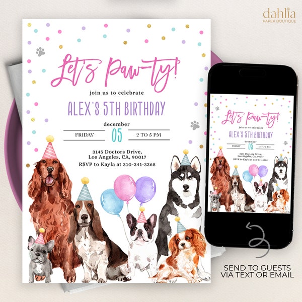 Invito di compleanno per cani, modello di invito per una festa per cuccioli EDITABLE, Let's Paw-ty, Doggy Shelter, Veterinario, Animale, Rosa, Animale domestico, Download istantaneo, KP132