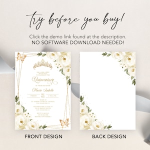 May include: A printable Quincea&ntilde;era invitation with a gold and white floral design. The front features a gold crown, butterflies, and the text "WWE Quincea&ntilde;era Maria Isabella". The back features a white floral design.