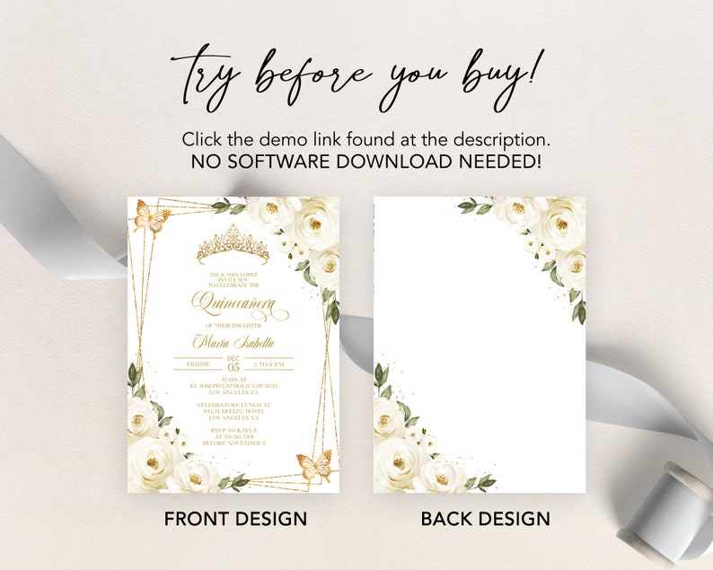 May include: A printable Quincea&ntilde;era invitation with a gold and white floral design. The front features a gold crown, butterflies, and the text "WWE Quincea&ntilde;era Maria Isabella". The back features a white floral design.
