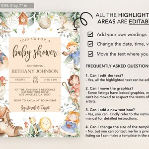 May include: A baby shower invitation with a watercolor illustration of a whimsical woodland scene. The invitation features a clock, a moon, a bird, a house, a boot, and a mirror. The text on the invitation reads "Join us for a baby shower", "Honoring Bethany Johnson", "Friday, December 05, 2 to 5 PM", "At the Johnson's Residence, 3145 Doctors Drive, Los Angeles, CA, 90017", "RSVP to Kayla at 310-341-3368", and "Registered at Target".