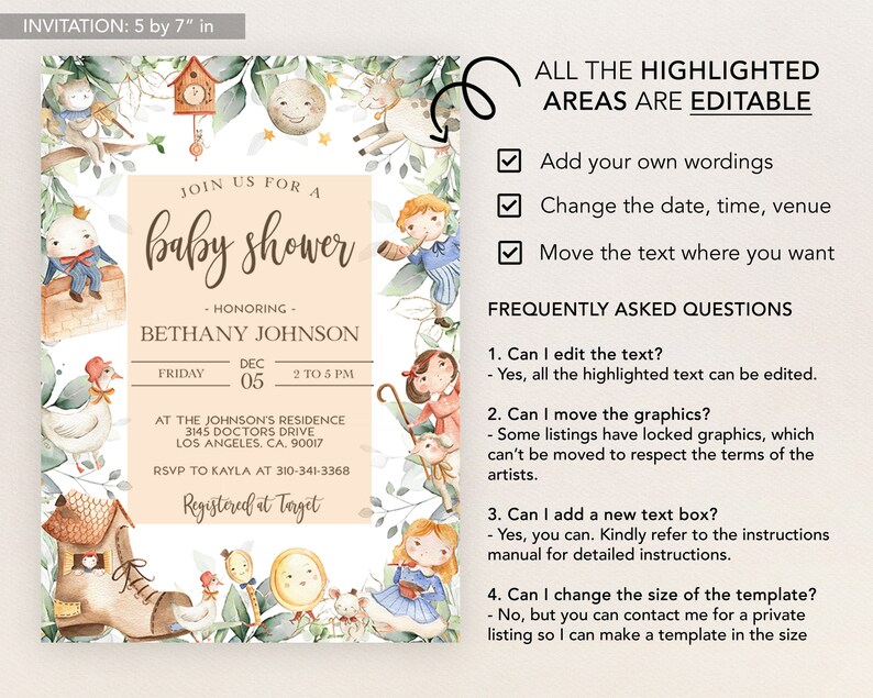 May include: A baby shower invitation with a watercolor illustration of a whimsical woodland scene. The invitation features a clock, a moon, a bird, a house, a boot, and a mirror. The text on the invitation reads "Join us for a baby shower", "Honoring Bethany Johnson", "Friday, December 05, 2 to 5 PM", "At the Johnson's Residence, 3145 Doctors Drive, Los Angeles, CA, 90017", "RSVP to Kayla at 310-341-3368", and "Registered at Target".