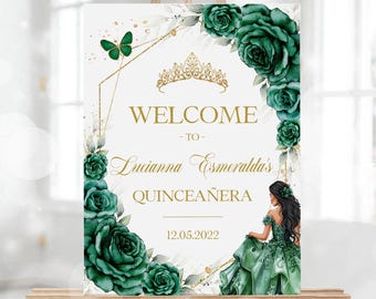 Letrero de bienvenida para quinceañera en verde esmeralda y dorado, decoración floral editable para el 15.° cumpleaños, póster de quinceañera para adolescentes, pancarta de princesa Q104