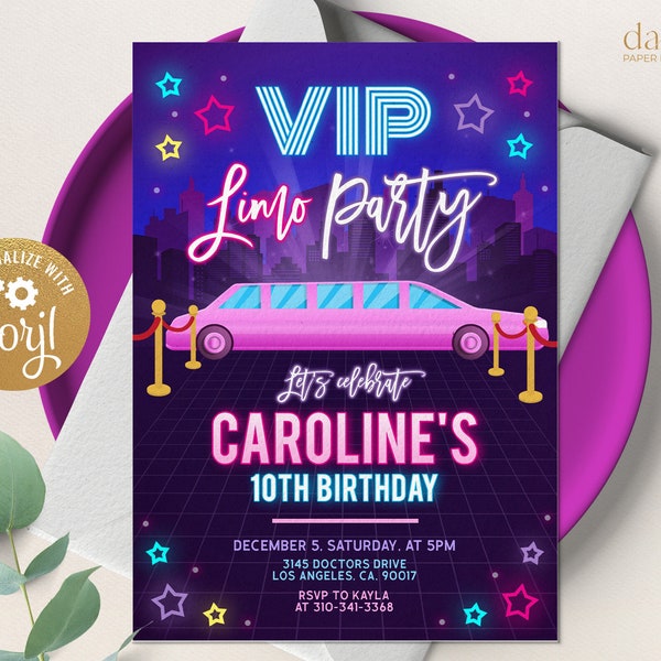 EDITABLE Limo Party Invitation, Pink VIP Limousine Birthday Invite, Glow Neon Template, Tween Girl Disco, Red Carpet, Instant Download KP176