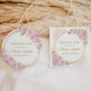Etiqueta de presente de agradecimento Quinceañera, oferta de aniversário de 15 anos rosa blush editável e ouro, etiqueta redonda para lembrancinhas de festa Butterfly Mis Quince Anos, Q032