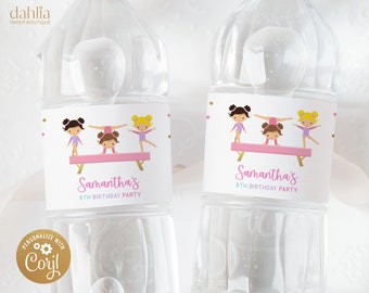 May include: Two clear plastic water bottles with pink and gold labels. The labels feature a design of three girls doing gymnastics on a pink balance beam. The text on the labels reads "Samantha's 8th Birthday Party".