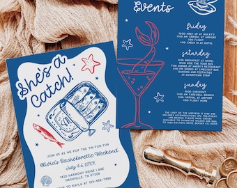 She's A Catch Bachelorette Invite & Itinerary Template, Editable Hand Drawn Coastal Hen Party Weekend, Tropical Beach Bridal Shower, BC071