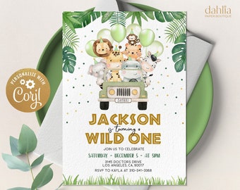 Wild One Birthday Boy uitnodiging, BEWERKBARE Safari dieren partij uitnodigen sjabloon, Jungle Safari thema eerste verjaardag, Instant Download, KP084