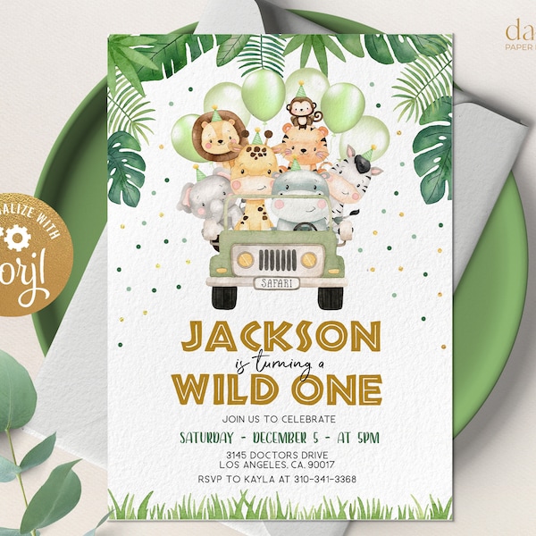 Wild One Birthday Boy Invitation, EDITABLE Safari Animals Party Invite Template, Jungle Safari Theme First Birthday, Instant Download, KP084