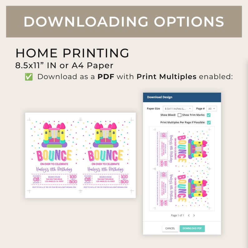 May include: A printable invitation for a birthday party with a bounce house theme. The invitation features a colorful illustration of a bounce house with the text "Bounce On Over to Celebrate Hailey's 10th Birthday".