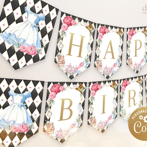 Alice in Wonderland Happy Birthday Banner, EDITABLE Onederland Party Decorations, Mad Tea Party Birthday Banner, Instant Download, KP191