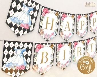 Alice in Wonderland Happy Birthday Banner, EDITABLE Onederland Party Decorations, Mad Tea Party Birthday Banner, Instant Download, KP191