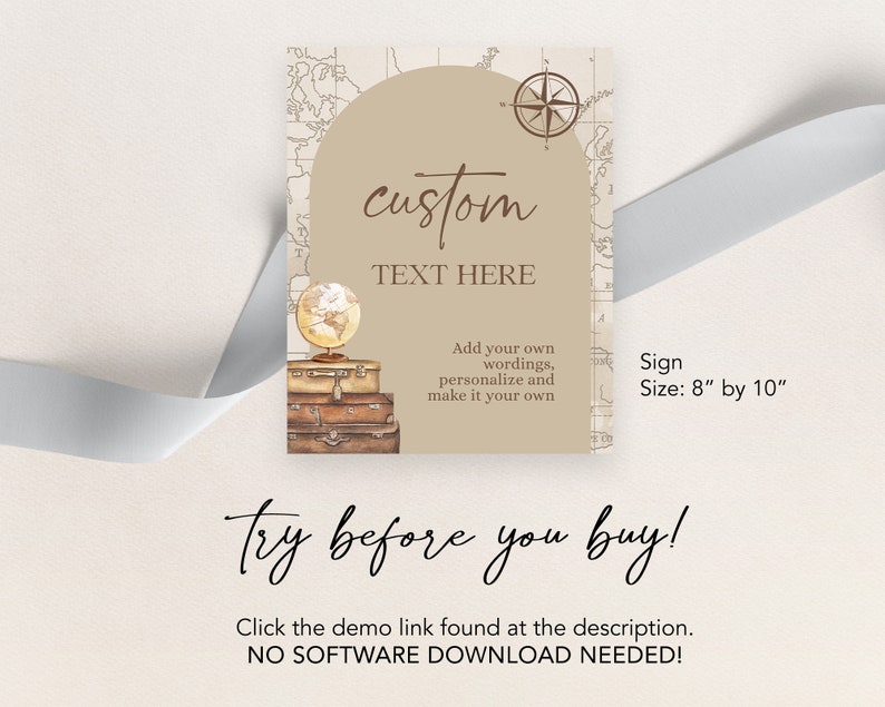 Puede incluir: Un cartel imprimible con un tema de viaje vintage. El cartel presenta un globo terr&aacute;queo, maletas y una br&uacute;jula. El texto en el cartel dice "custom text here" y "add your own wording, personalize and make it your own". El cartel mide 8 pulgadas por 10 pulgadas.