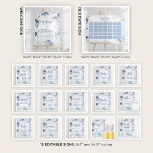 May include: A set of 15 printable signs for a baby shower with an ocean theme. The signs are in blue, white, and gray with watercolor illustrations of fish, jellyfish, and seashells. The signs include text such as "Guest Book", "Baby Gifts", "Baby Sweet", "Jars", "Food", "Diapers", "Cards", "Mom to Be", and "Drinks". The signs are available in two sizes: 5x7 inches and 8x10 inches.
