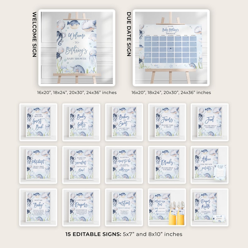 May include: A set of 15 printable signs for a baby shower with an ocean theme. The signs are in blue, white, and gray with watercolor illustrations of fish, jellyfish, and seashells. The signs include text such as "Guest Book", "Baby Gifts", "Baby Sweet", "Jars", "Food", "Diapers", "Cards", "Mom to Be", and "Drinks". The signs are available in two sizes: 5x7 inches and 8x10 inches.