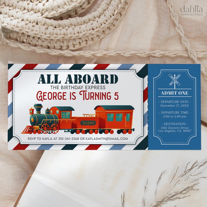 Train Birthday Ticket Invitation, Train Ticket Kids Invite, Blue Boy 1st Boarding Pass, Digital Editable Printable, Instant Download, KP253 image 2