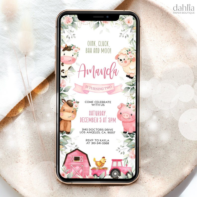 May include: A pink and green digital invitation with a watercolor design featuring farm animals. The text reads "Oink, Cluck, BAA and Moo! Amanda is turning two. Come celebrate with us Saturday, December 5 at 5pm. 3145 Doctors Drive, Los Angeles, CA, 90017. RSVP to Kayla at 310-341-3368."