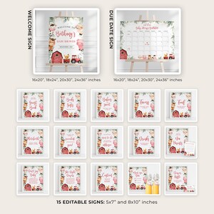 May include: 15 printable signs for a baby shower with a farm theme. The signs feature pink pigs, a red barn, and a tractor. The signs are 13cm x 18cm and 20cm x 25cm. The signs include text such as "Guest Book", "Babies Sweet", "Drinks", and "New Parents".