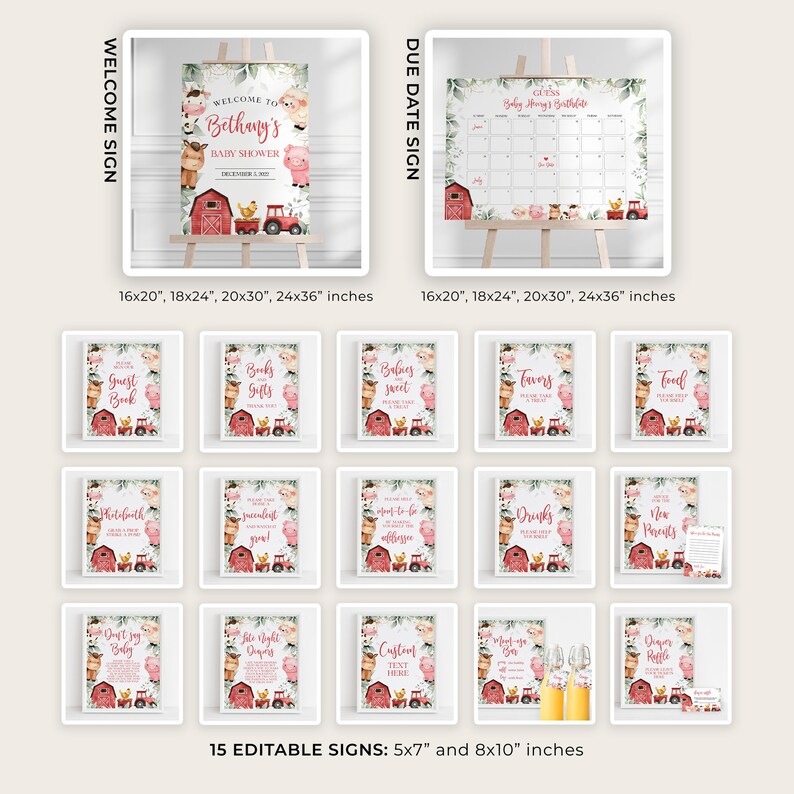 May include: 15 printable signs for a baby shower with a farm theme. The signs feature pink pigs, a red barn, and a tractor. The signs are 13cm x 18cm and 20cm x 25cm. The signs include text such as "Guest Book", "Babies Sweet", "Drinks", and "New Parents".