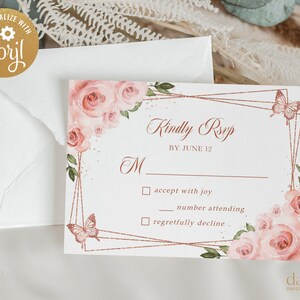 Plantilla de tarjeta RSVP de Quinceañera, Quince floral de oro rosa rosa imprimible, Princesa Mis Quince 15 Anos, 15 cumpleaños, Descarga instantánea, Q014