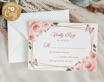 Quinceañera RSVP Card Template, Pink Rose Gold Floral Quince Printable, Princess Mis Quince 15 Anos, 15th Birthday, Instant Download, Q014