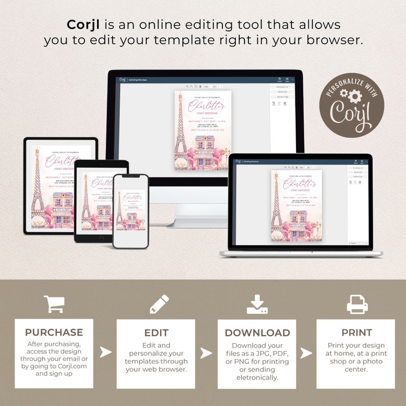 May include: A digital mockup showing how to use Corjl, an online editing tool, to personalize a printable invitation. The invitation features a pink and white watercolor design with a Parisian theme. The text on the invitation reads "Charlotte's First Birthday".