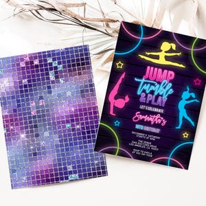 Neon Gymnastics Birthday Invitation, Jump Party Invite Template, Glow Neon Invite, Dancing, Girl Tween Birthday, Instant Download, KP118 image 2