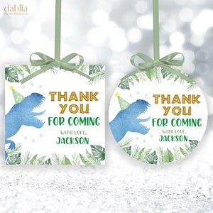 Dinosaurier Favor Tag, EDITIERBARE drei Rex Geburtstag Etikett, Blau Danke Geschenkanhänger, Jurassic Square Tag, Printable Boy Runde Tag, KP250