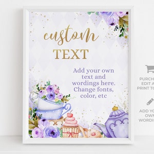 Puede incluir: Un cartel imprimible con un dise&ntilde;o morado, blanco y dorado que presenta tazas de t&eacute;, una tetera y cupcakes. El texto en el cartel dice "custom TEXT Add your own text and wordings here. Change fonts, color, etc".