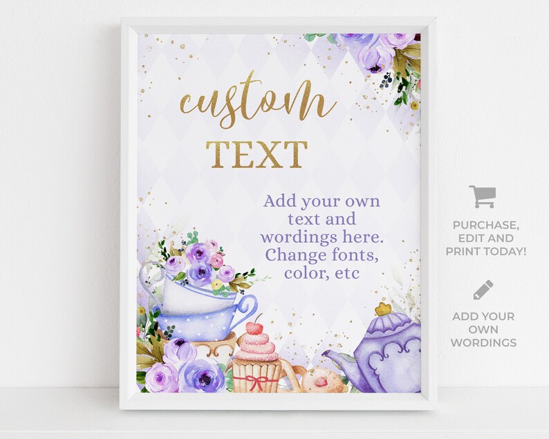 Puede incluir: Un cartel imprimible con un dise&ntilde;o morado, blanco y dorado que presenta tazas de t&eacute;, una tetera y cupcakes. El texto en el cartel dice "custom TEXT Add your own text and wordings here. Change fonts, color, etc".