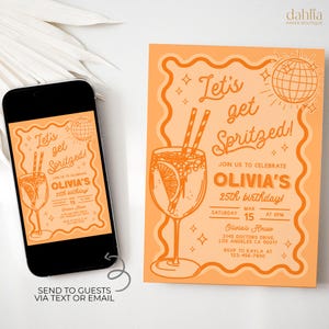 Convite de aniversário Aperol Spritz, convite editável laranja ondulado desenhado à mão para coquetel, noite das garotas disco retrô, vamos borrifar AP052