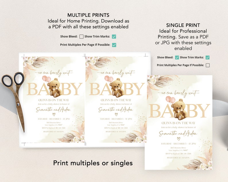 Puede incluir: Una invitaci&oacute;n de baby shower imprimible con una linda ilustraci&oacute;n de un osito de peluche. La invitaci&oacute;n est&aacute; decorada con flores y plumas de acuarela en tonos marrones, rosas y blancos. El texto dice "We can bearly wait... Quinn is on the way... Samantha and Aiden".