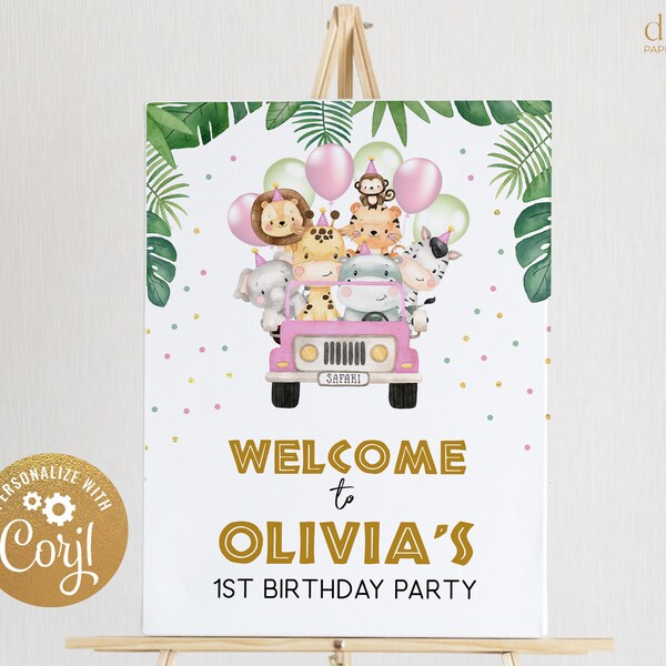Wild One Birthday Welcome Sign, EDITABLE Safari Animals Party Decor Template, Pink Car, Jungle Safari Theme 1st Birthday Girl Banner, KP084