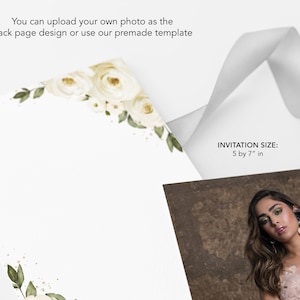 May include: A white invitation card with a floral design in the top corner. The text "INVITATION SIZE: 5 by 7" in" is printed on the card.