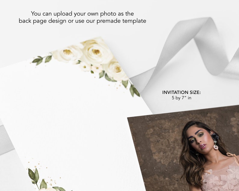 May include: A white invitation card with a floral design in the top corner. The text "INVITATION SIZE: 5 by 7" in" is printed on the card.