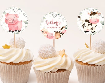 EDITABLE SET OF 6 Farm Cupcake Toppers, Barnyard Animals Baby Shower, Ranch Baby Shower, Red Boy Barnyard Animal, Instant Download, BS113