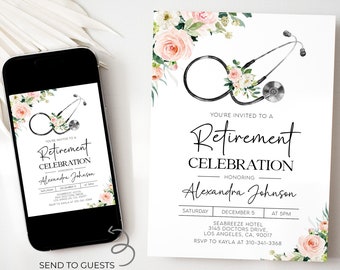May include: A retirement celebration invitation with a pink floral design and a stethoscope. The invitation reads "You're invited to a Retirement Celebration Honoring Alexandra Johnson" with the date, time, and location of the event.