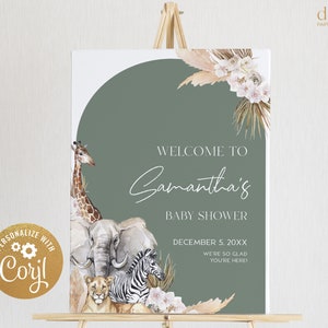 EDITABLE Boho Safari Baby Shower Welcome Sign, Jungle Animal Baby Sprinkle Party, Customizable Sage Green Banner, Instant Download BS118