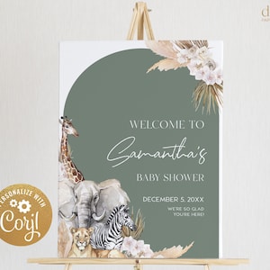 EDITABLE Boho Safari Baby Shower Welcome Sign, Jungle Animal Baby Sprinkle Party, Customizable Sage Green Banner, Instant Download BS118