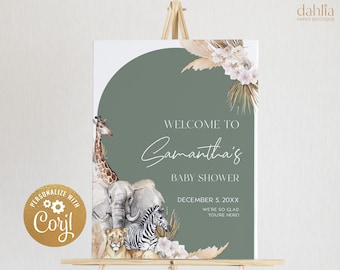 May include: A green and white welcome sign for a baby shower with the text "Welcome to Samantha's Baby Shower" and the date "December 5, 20XX". The sign features a giraffe, elephant, zebra, and lion illustrations.