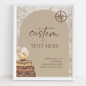 Avontuur wacht op baby shower aangepaste tekst teken, reizen thema baby strooi banner, avontuur, koffer, globe, kaart, Unisex Party decor, BS093