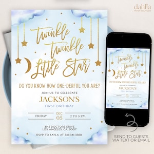 EDITABLE Twinkle Twinkle Little Star First Birthday Invitation Template, Moon and Stars Boy Party Invite, Blue and Gold, Instant Download